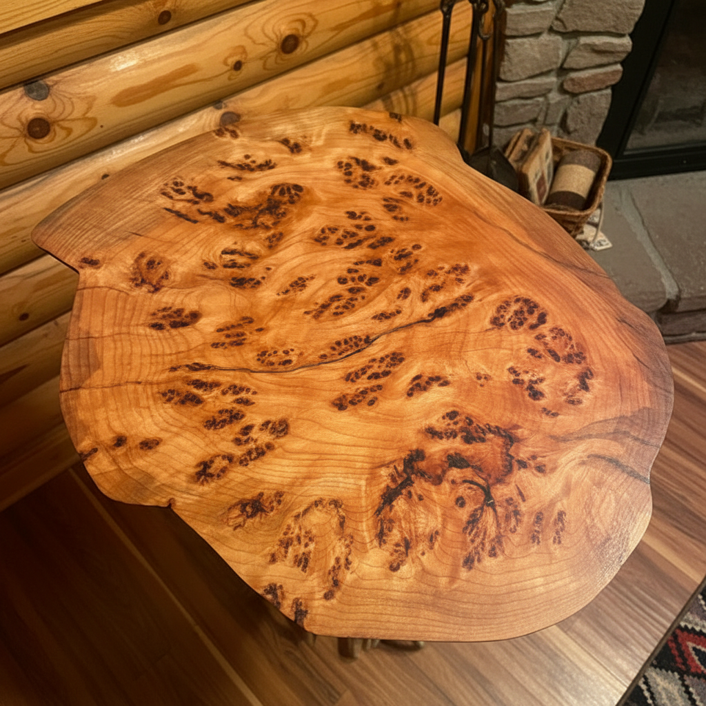 Top-down view of old growth Douglas fir burl table top in rustic cabin setting