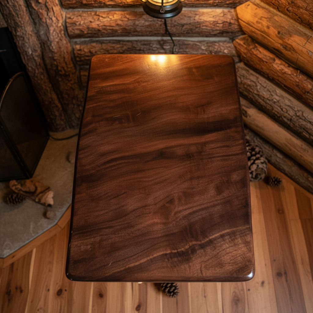 Top-down view of black walnut slab table top in rustic cabin setting