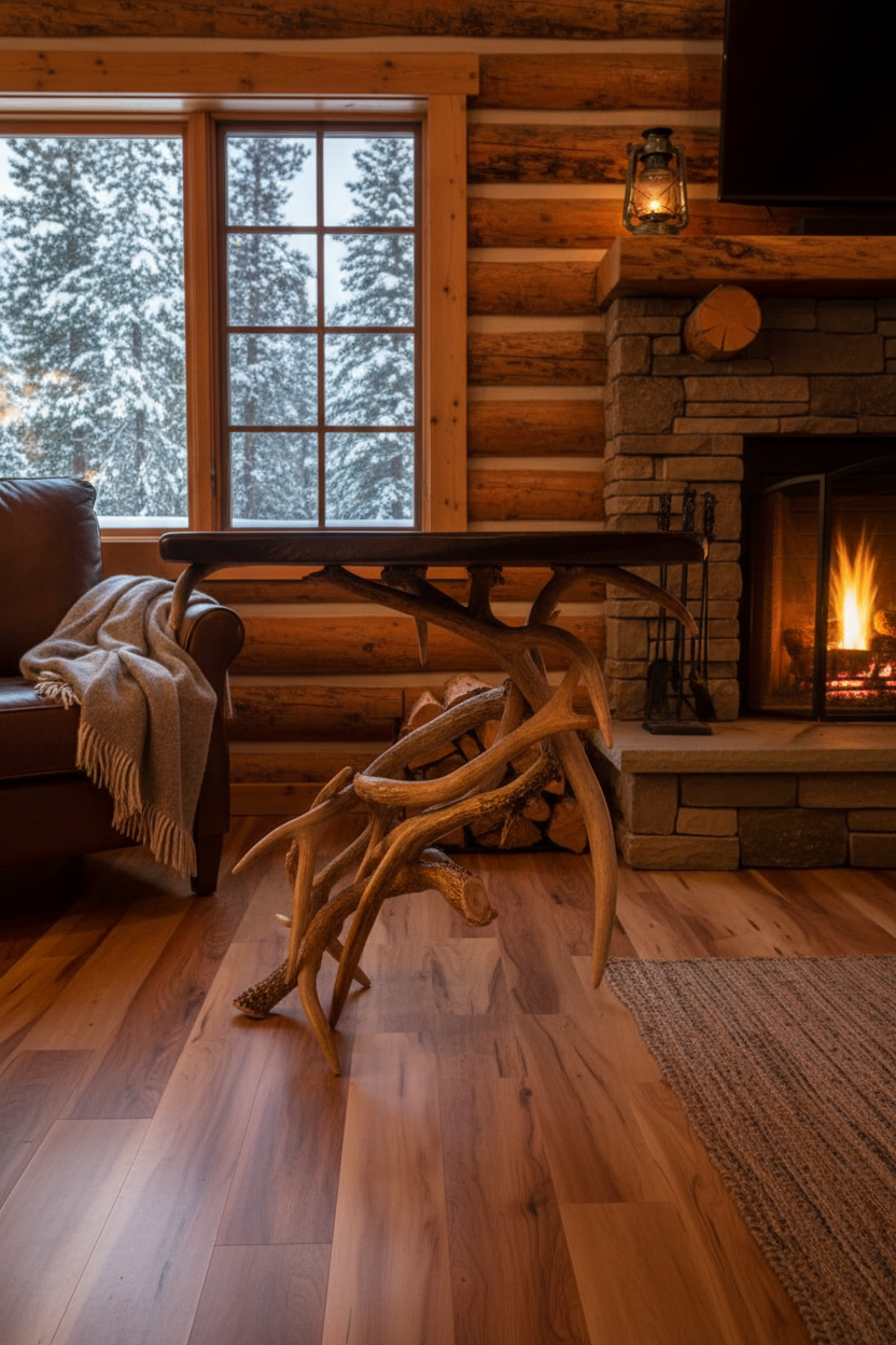 Black walnut side table with antler base in rustic cabin setting
