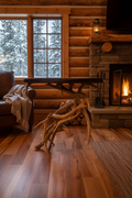 Black walnut side table with antler base in rustic cabin setting
