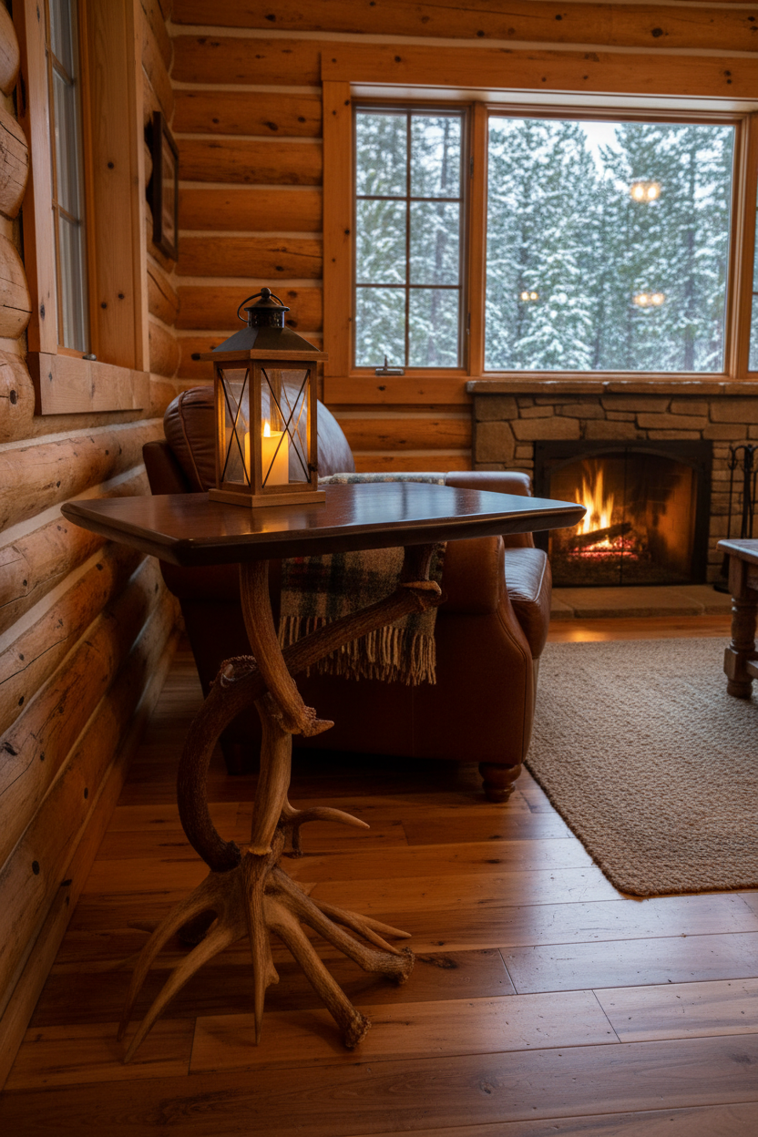 Black walnut slab table with antler base in rustic cabin setting